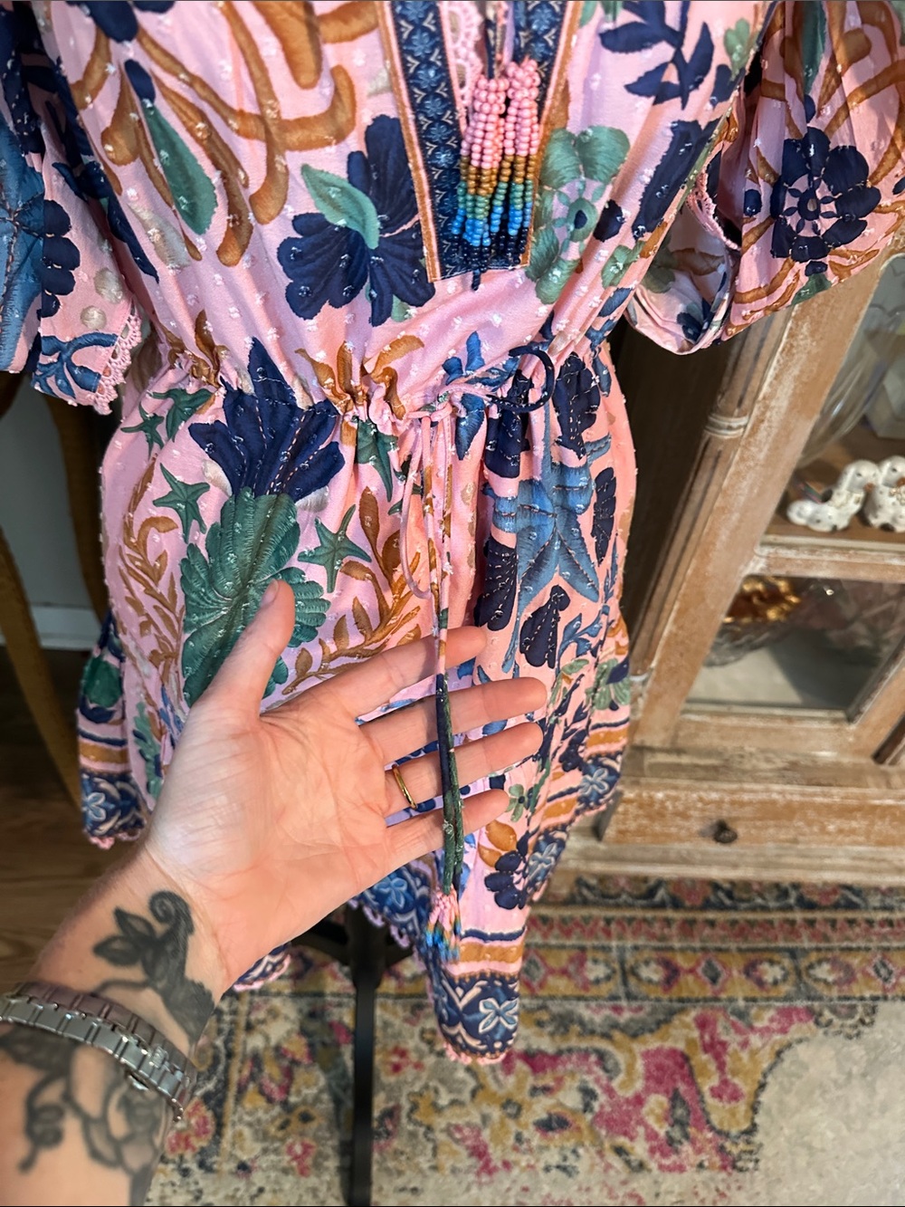 FARM Rio Pink Floral Puff-Sleeve Mini Dress with Blue & Green Print - Picture 5 of 8